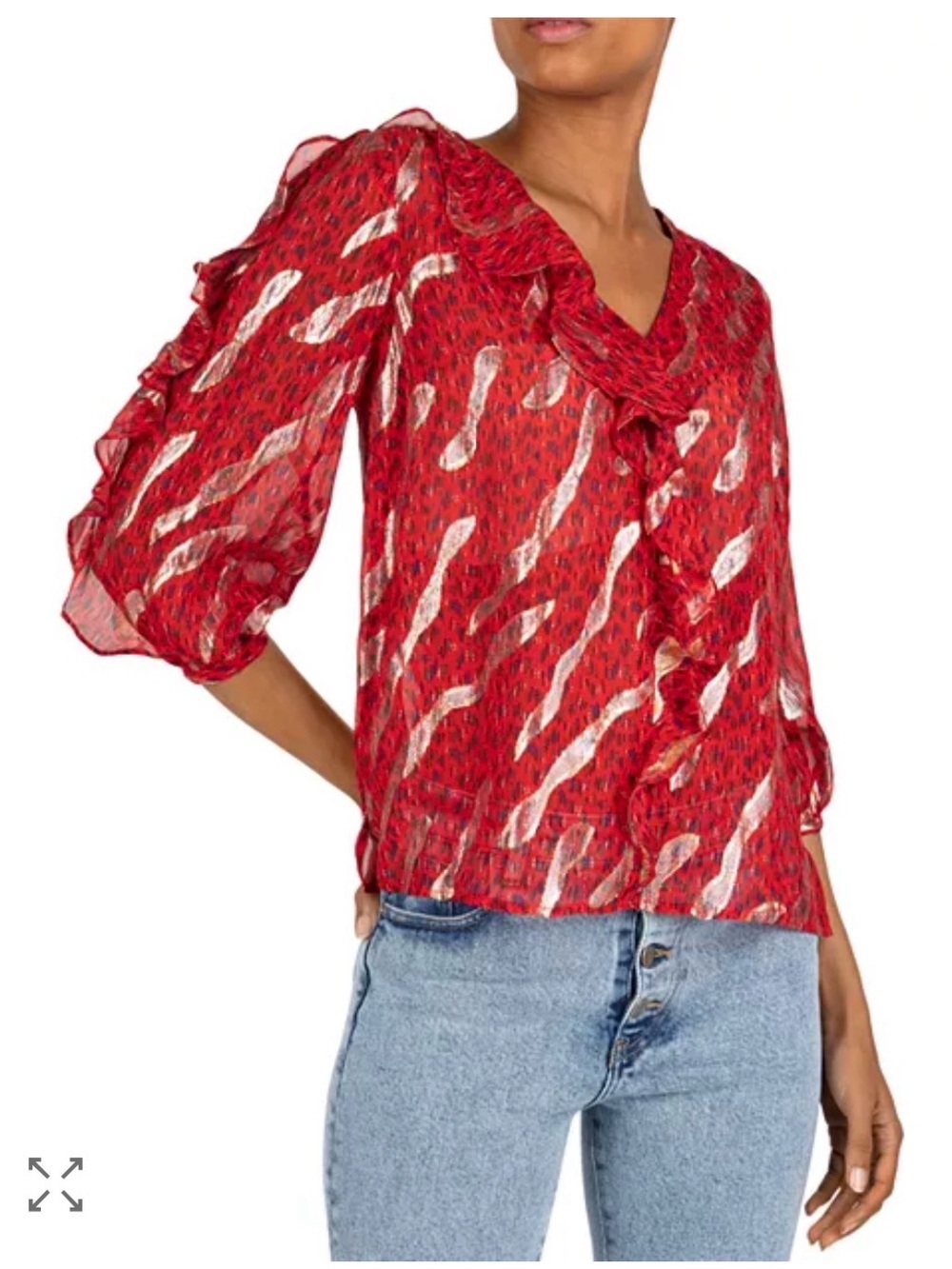ba&sh Red Metallic Patterned Ruffle Blouse - Picture 5 of 5